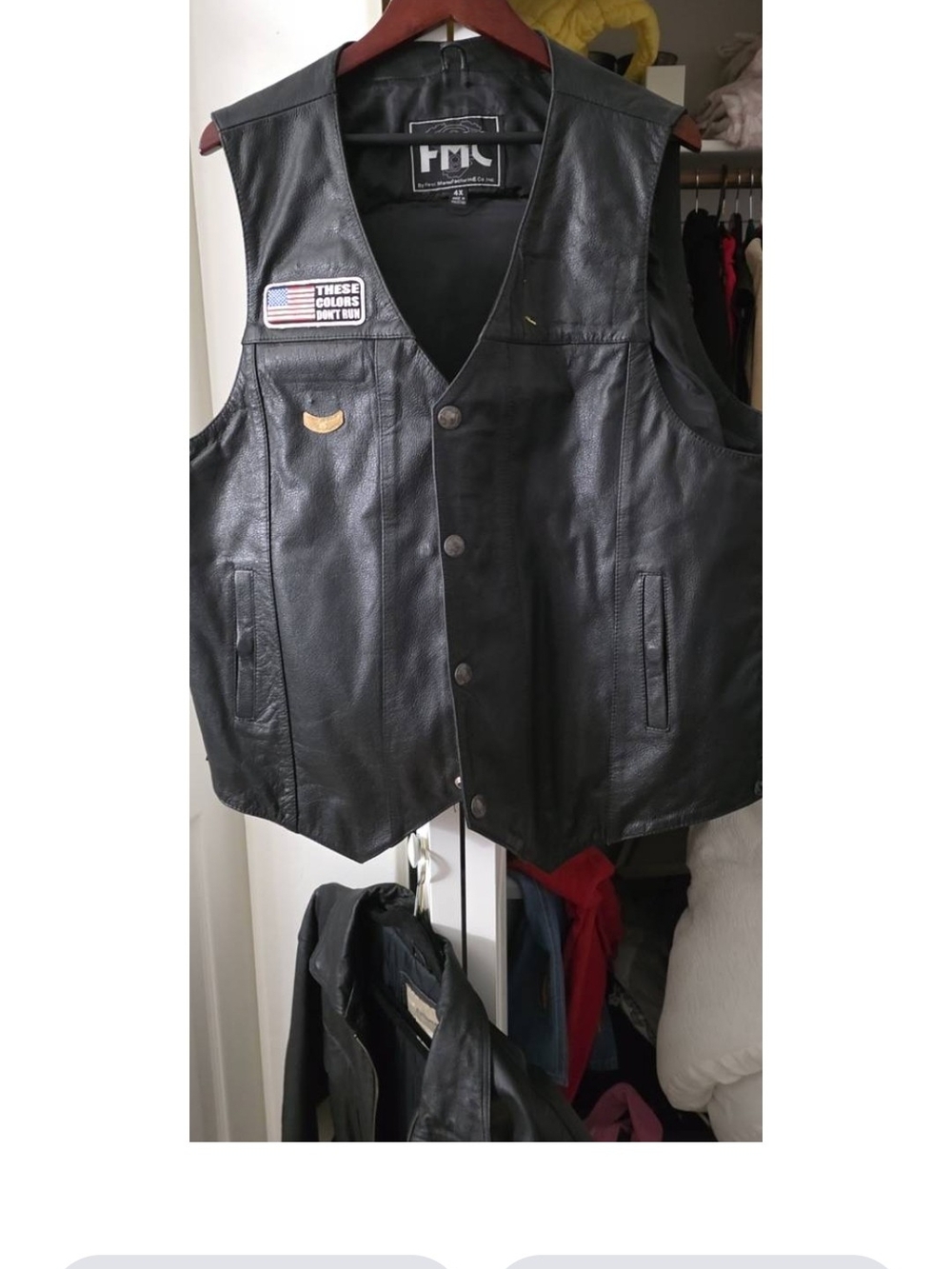 Black Leather Button-Front Vest with Patch Accents